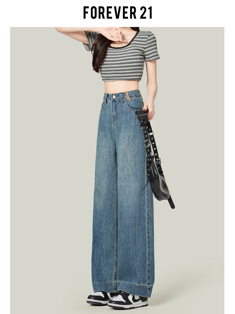 Retro blue high-waisted cropped straight leg jeans for petite women, pear-shaped, loose fit, slimming wide-leg pants