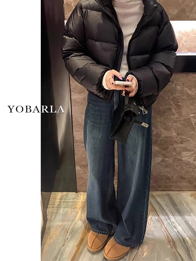 Women's straight-leg jeans, autumn and winter, fleece-lined, thickened, plus size, pear-shaped figure, loose fit, slimming wide-leg pants