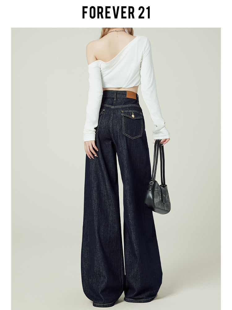 Retro-style denim blue wide-leg jeans for women, American style, high-waisted, loose-fitting, pear-shaped, floor-length.