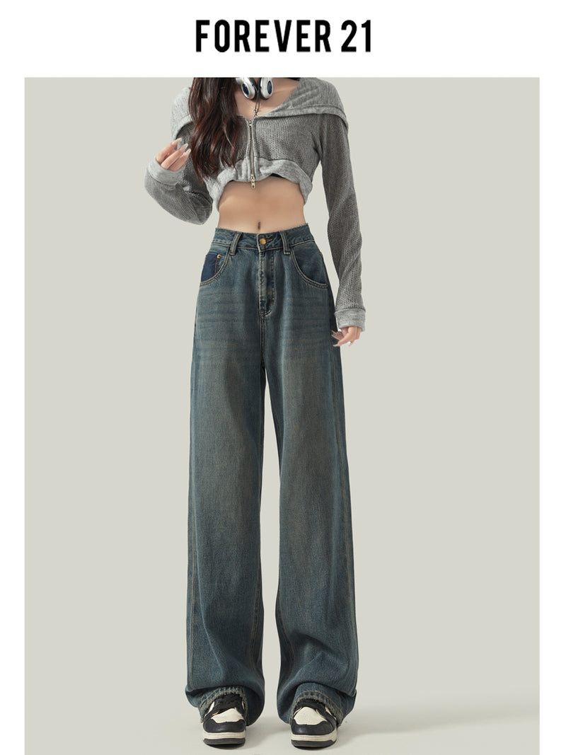 Cement gray straight leg jeans for women, new style, retro Hong Kong style, slimming, drapey wide leg pants