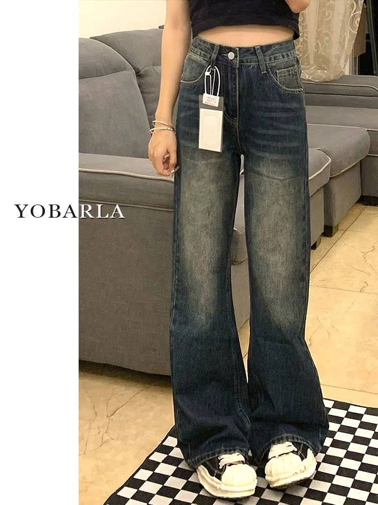 Retro blue flared jeans for women, autumn and winter, fleece-lined and thickened, plus size, loose fit, slimming, pear-shaped figure, long pants.
