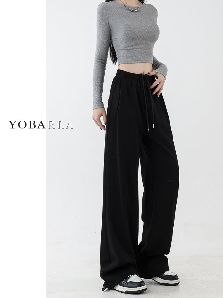 Women's black straight-leg casual pants, autumn and winter style, fleece-lined and thickened, plus size, slimming, loose and draped, wide-leg athletic sweatpants.