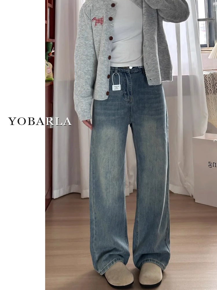 Retro blue straight-leg jeans for women, autumn and winter, fleece-lined and thickened, suitable for plus-size women, slimming for pear-shaped figures, loose wide-leg pants.