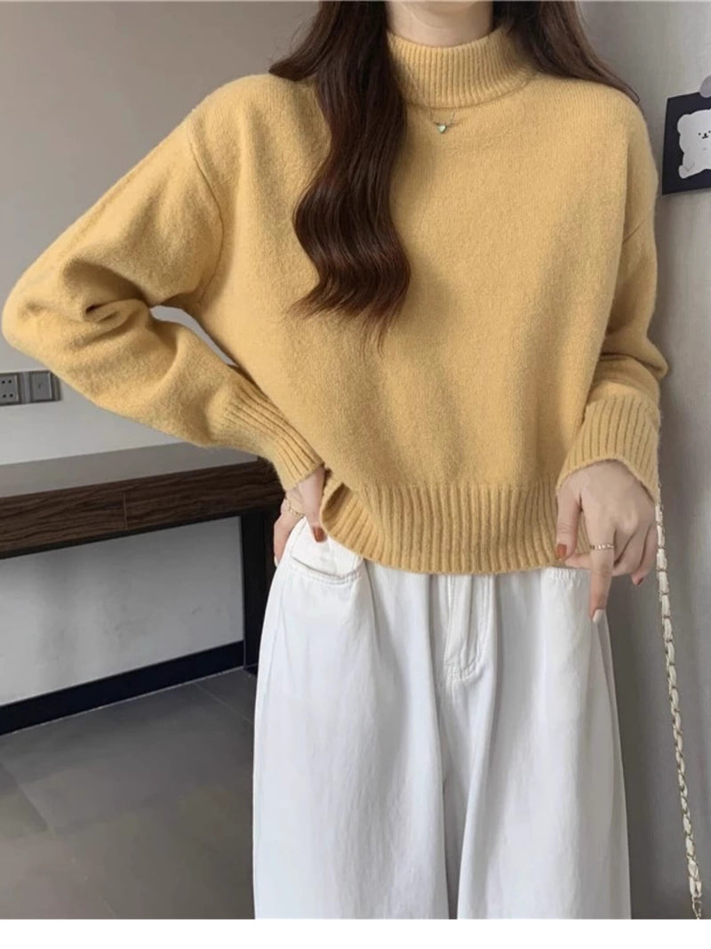 French-style short sweater for women, autumn and winter, petite, thick, soft and gentle style, high neck pullover knitwear