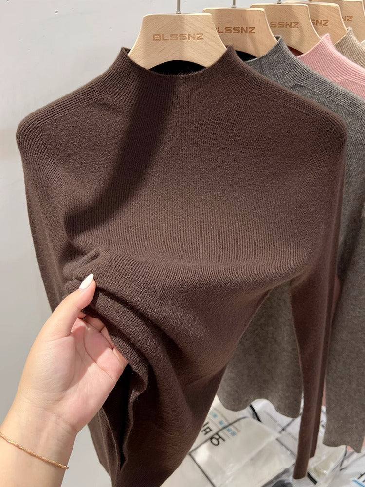 100% Soft and Cozy Wool Sweater for Women, White High-Neck Knitted Base Layer, Slim Fit and Elegant Tri-Neck Sweater