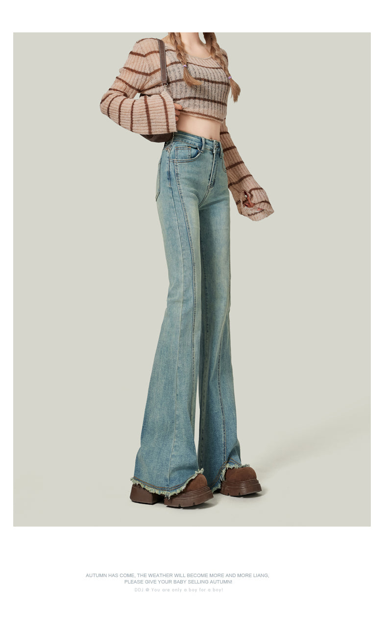 Retro American style high-waisted nano gray flared jeans for women, slimming, platform, floor-length trousers