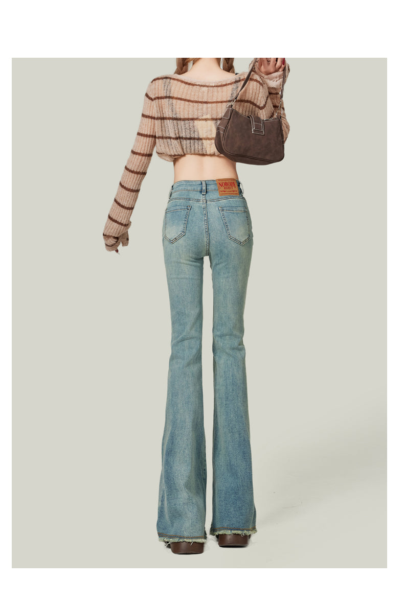 Retro American style high-waisted nano gray flared jeans for women, slimming, platform, floor-length trousers