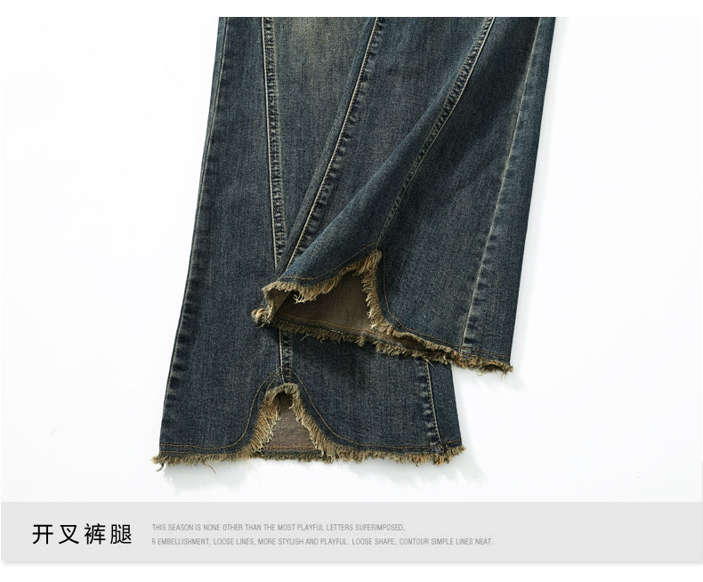 Retro American style high-waisted nano gray flared jeans for women, slimming, platform, floor-length trousers