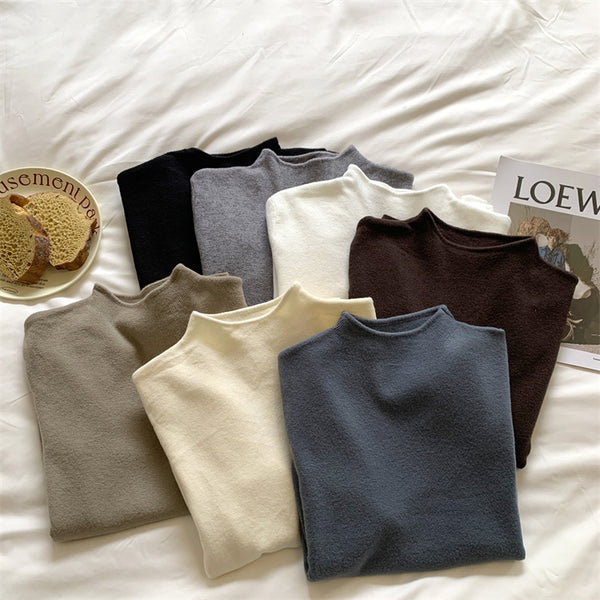 Soft and fluffy cashmere-feel high-neck knitted base layer sweater for women in spring, autumn and winter, with fleece lining, solid color, pullover sweater.