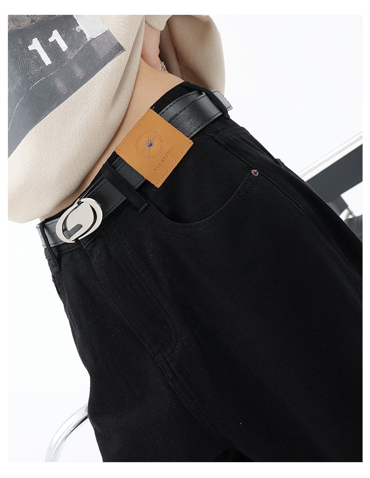 American retro blue straight-leg wide-leg jeans for women, casual and versatile, light-colored, floor-length trousers.