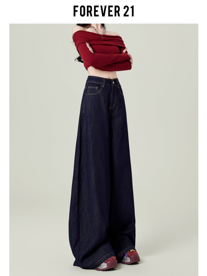 Retro dark blue wide-leg jeans for women, spring and autumn, high-waisted, loose-fitting, floor-length trousers.