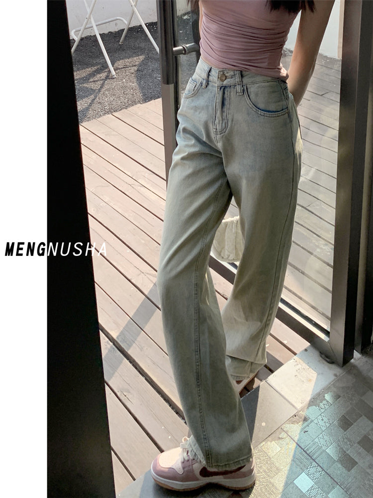 Light-colored slim-fit wide-leg jeans for women, new style, high-waisted, slimming, petite, loose straight leg pants