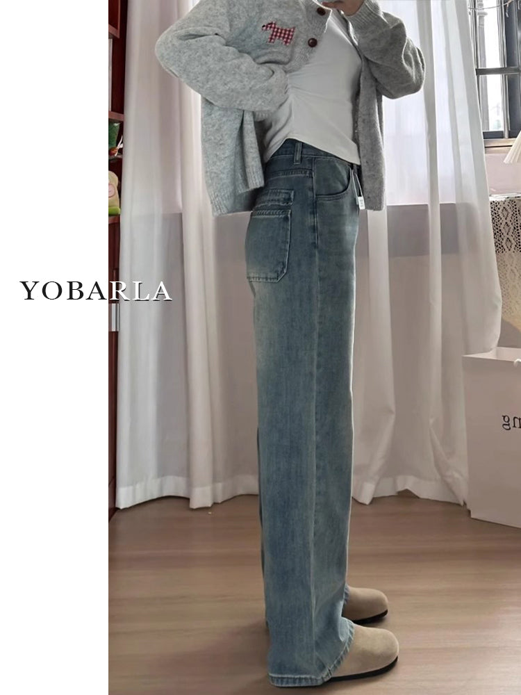 Retro blue straight-leg jeans for women, autumn and winter, fleece-lined and thickened, suitable for plus-size women, slimming for pear-shaped figures, loose wide-leg pants.