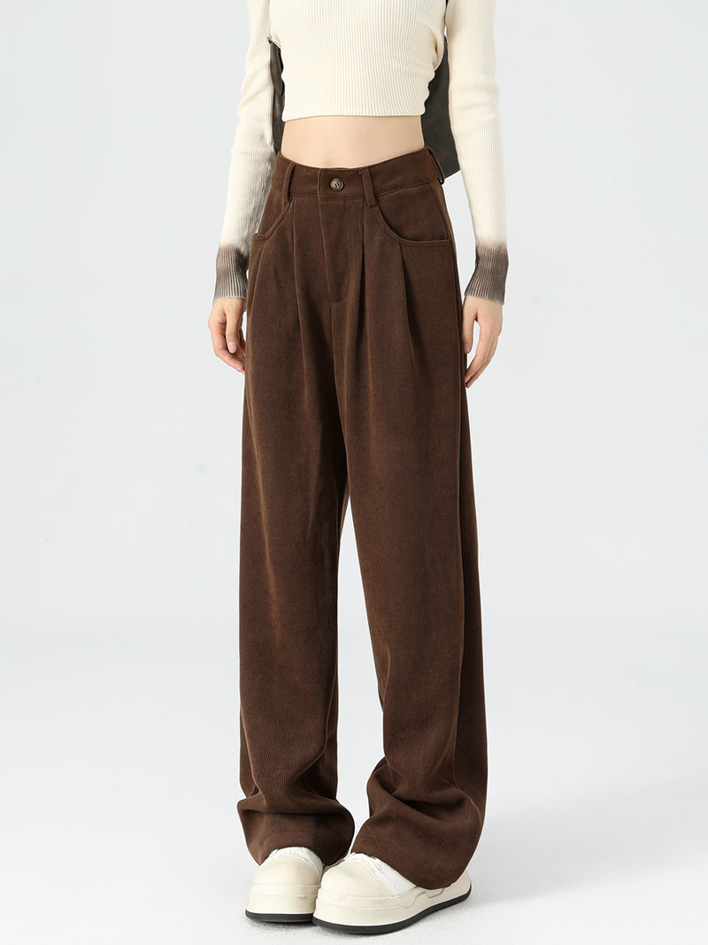 Maillard dark brown corduroy pants, new autumn/winter style, high-waisted, short-leg brown, casual pants.