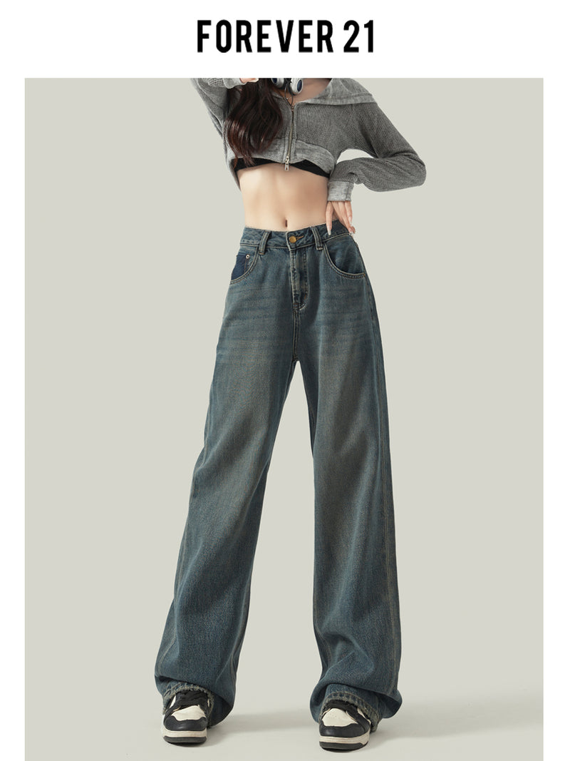 Cement gray straight leg jeans for women, new style, retro Hong Kong style, slimming, drapey wide leg pants