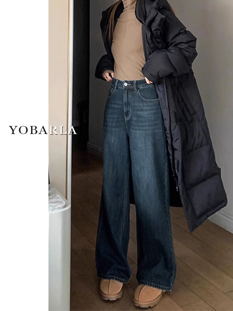 Women's straight-leg jeans, autumn and winter, fleece-lined, thickened, plus size, pear-shaped figure, loose fit, slimming wide-leg pants