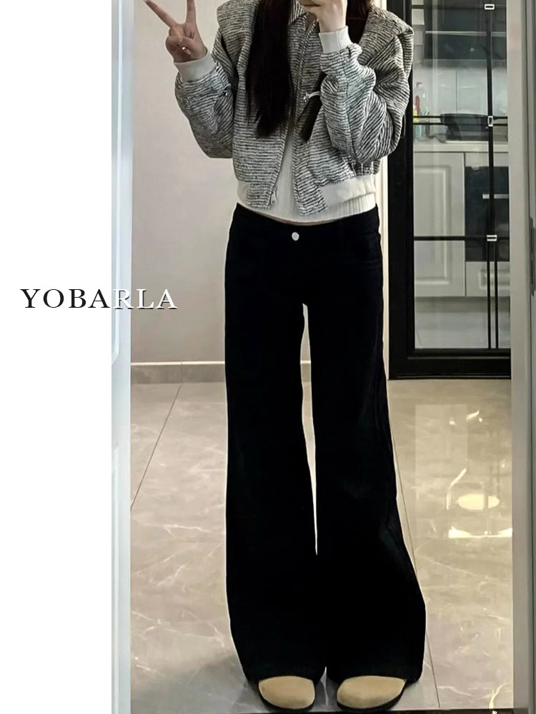 Women's black flared jeans, autumn/winter style, fleece-lined, plus size, stretchy, slimming, pear-shaped figure, wide-leg, platform pants.