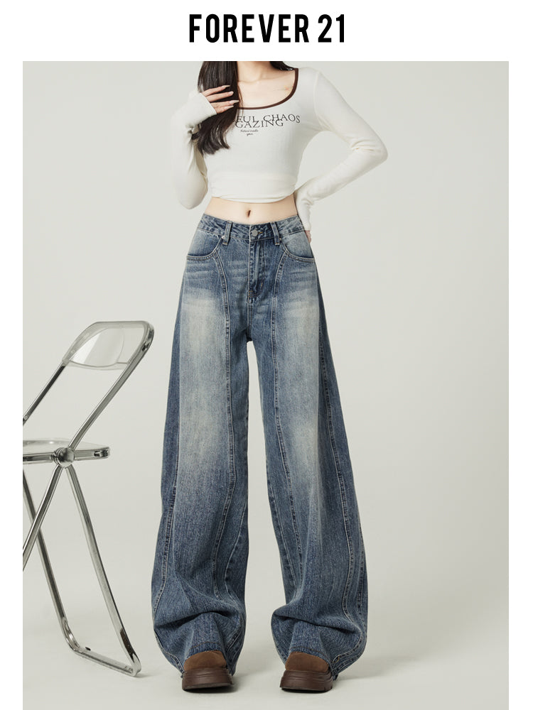 Retro blue high-street loose wide-leg jeans for women, American design, high waist and drape.