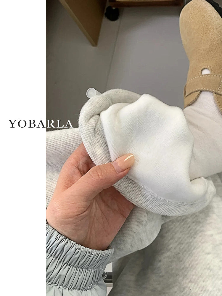 Snowflake Grey Straight Leg Casual Pants for Women, Plus Size, Autumn and Winter, Fleece Lined, Loose Fit, Slimming, Relaxed Style, Sporty Wide Leg Sweatpants