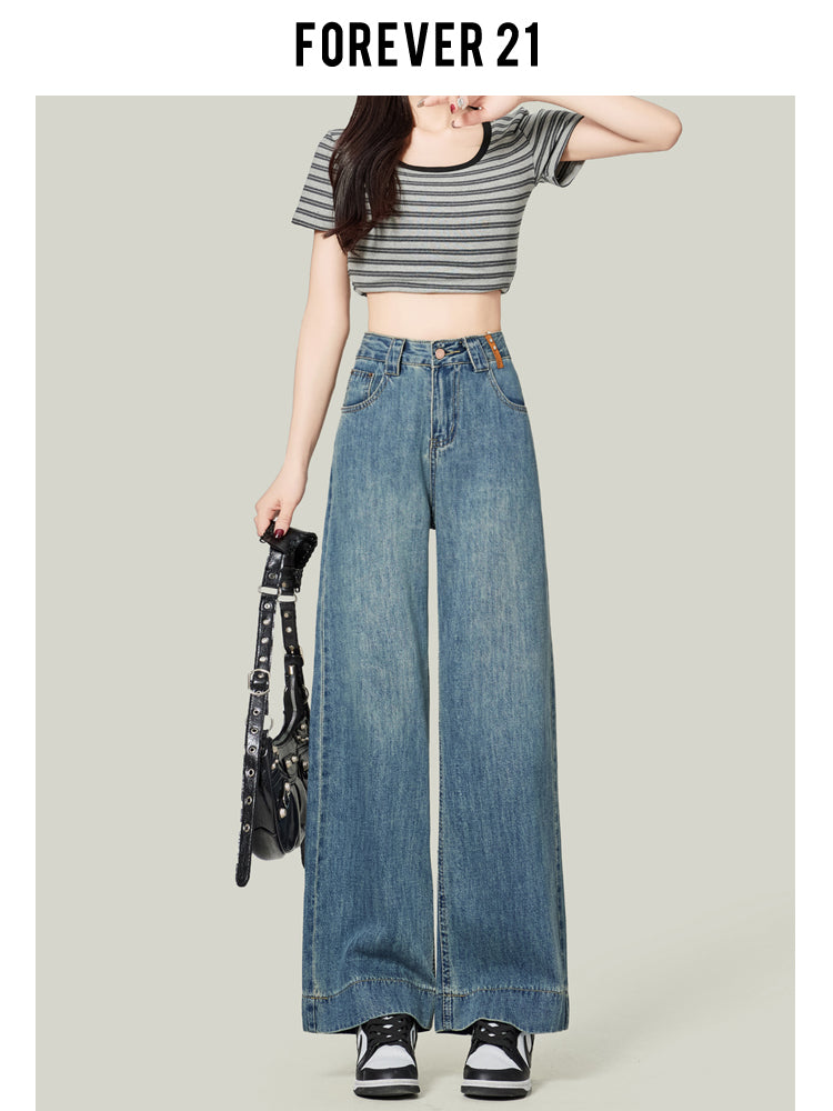 Retro blue high-waisted cropped straight leg jeans for petite women, pear-shaped, loose fit, slimming wide-leg pants
