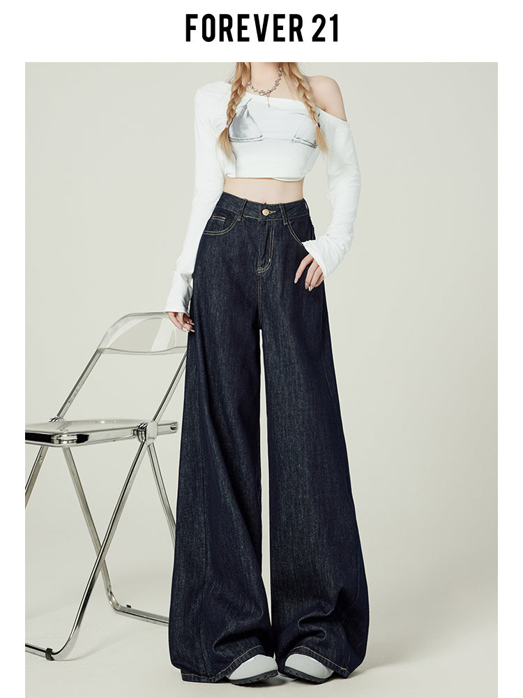 Retro-style denim blue wide-leg jeans for women, American style, high-waisted, loose-fitting, pear-shaped, floor-length.