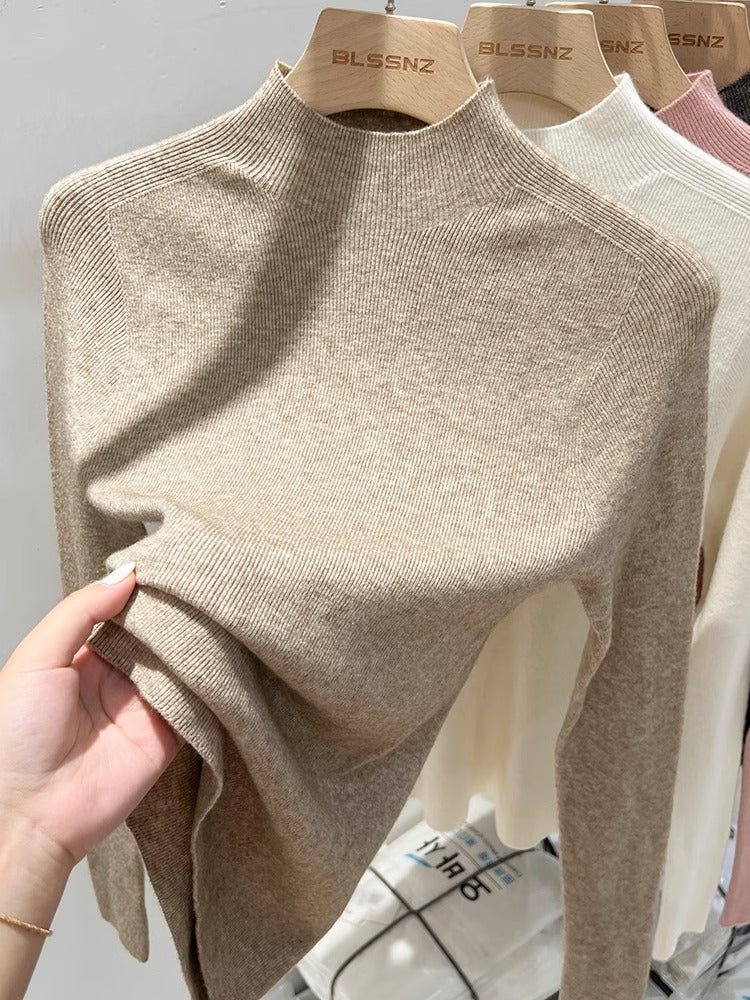 100% Soft and Cozy Wool Sweater for Women, White High-Neck Knitted Base Layer, Slim Fit and Elegant Tri-Neck Sweater