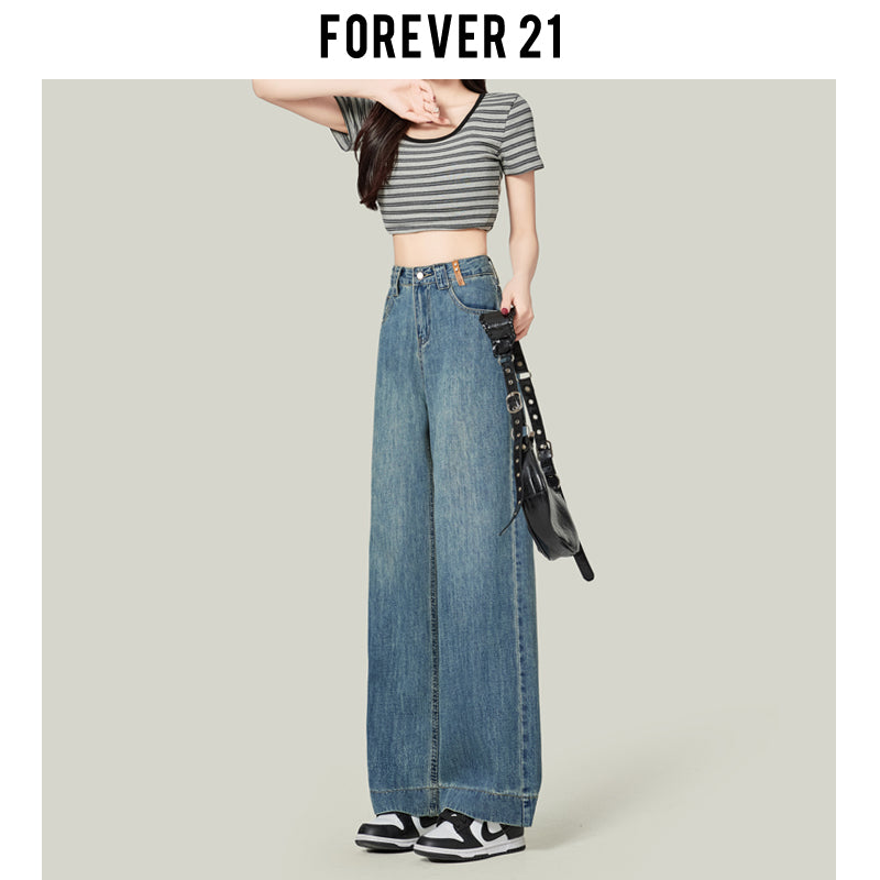 Retro blue high-waisted cropped straight leg jeans for petite women, pear-shaped, loose fit, slimming wide-leg pants