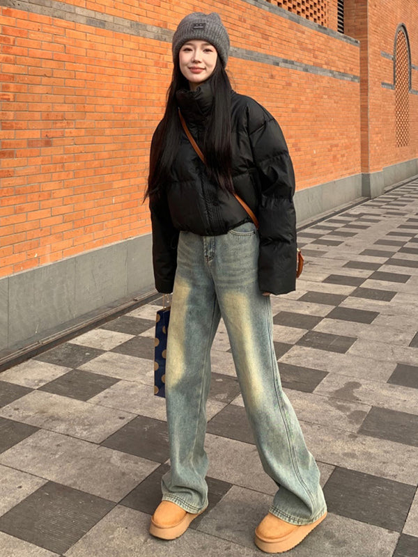 American-style high-street jeans for women, autumn and winter, thick and fleece-lined, new style, petite, loose, straight leg, narrow fit, wide leg pants.