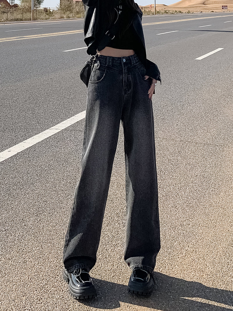 New style black and gray wide-leg jeans for women, American style, high-waisted, loose fit, slimming, straight leg, autumn and winter look.