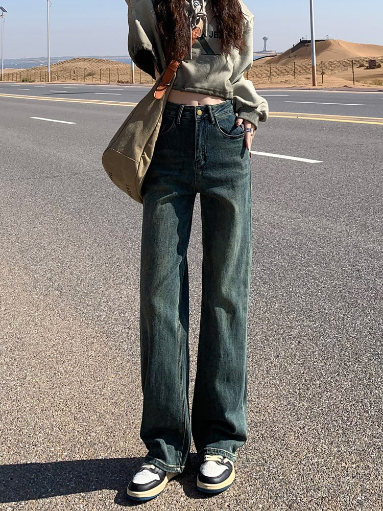 Cement gray fleece-lined slim-fit straight leg jeans for women, new style, high-waisted, slimming, wide-leg pants for petite women.