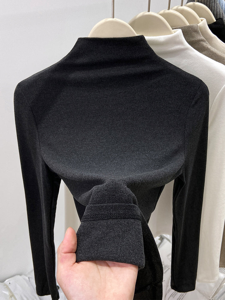 New autumn/winter style high-neck mousse cashmere long-sleeved base layer top for women, brushed fleece inner layer, high-end fleece-lined top