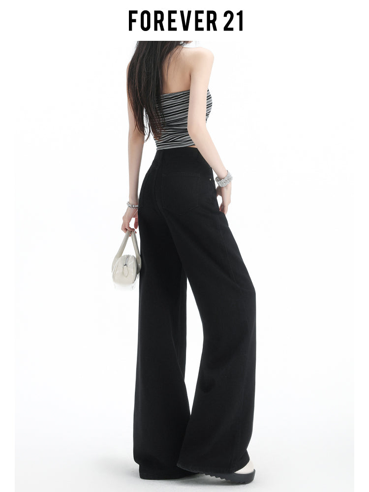 Stylish black high-waisted wide-leg jeans for women with pear-shaped figures, loose-fitting straight leg.