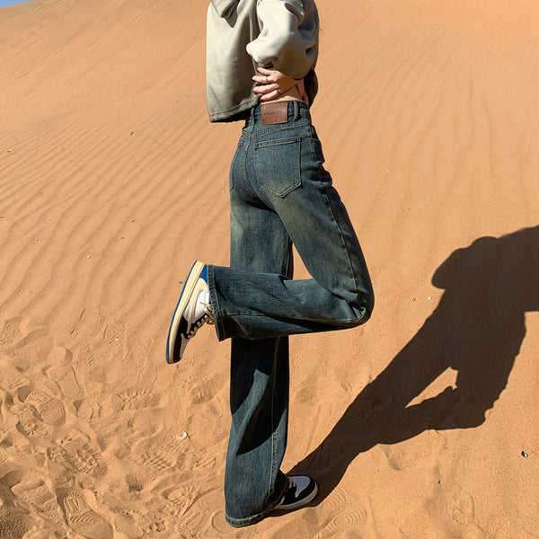 Cement gray fleece-lined slim-fit straight leg jeans for women, new style, high-waisted, slimming, wide-leg pants for petite women.