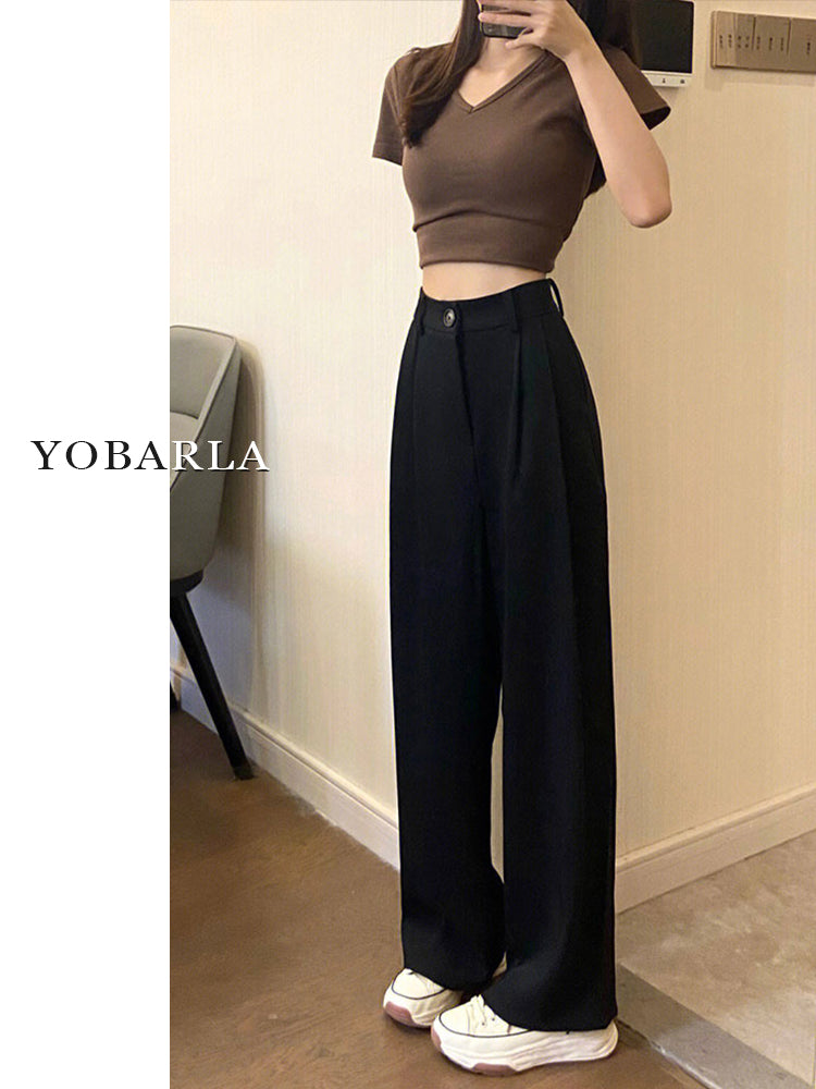Women's black wide-leg casual suit pants, plus size, loose fit, flattering for pear-shaped figures, straight leg drape.