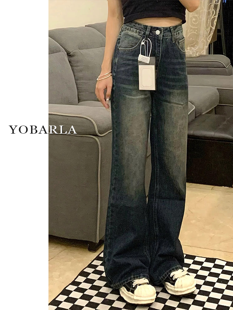 Retro blue flared jeans for women, autumn and winter, fleece-lined and thickened, plus size, loose fit, slimming, pear-shaped figure, long pants.