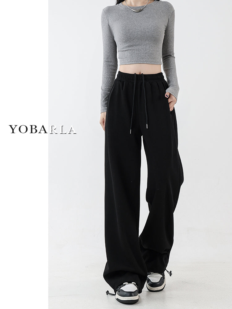 Women's black straight-leg casual pants, autumn and winter style, fleece-lined and thickened, plus size, slimming, loose and draped, wide-leg athletic sweatpants.