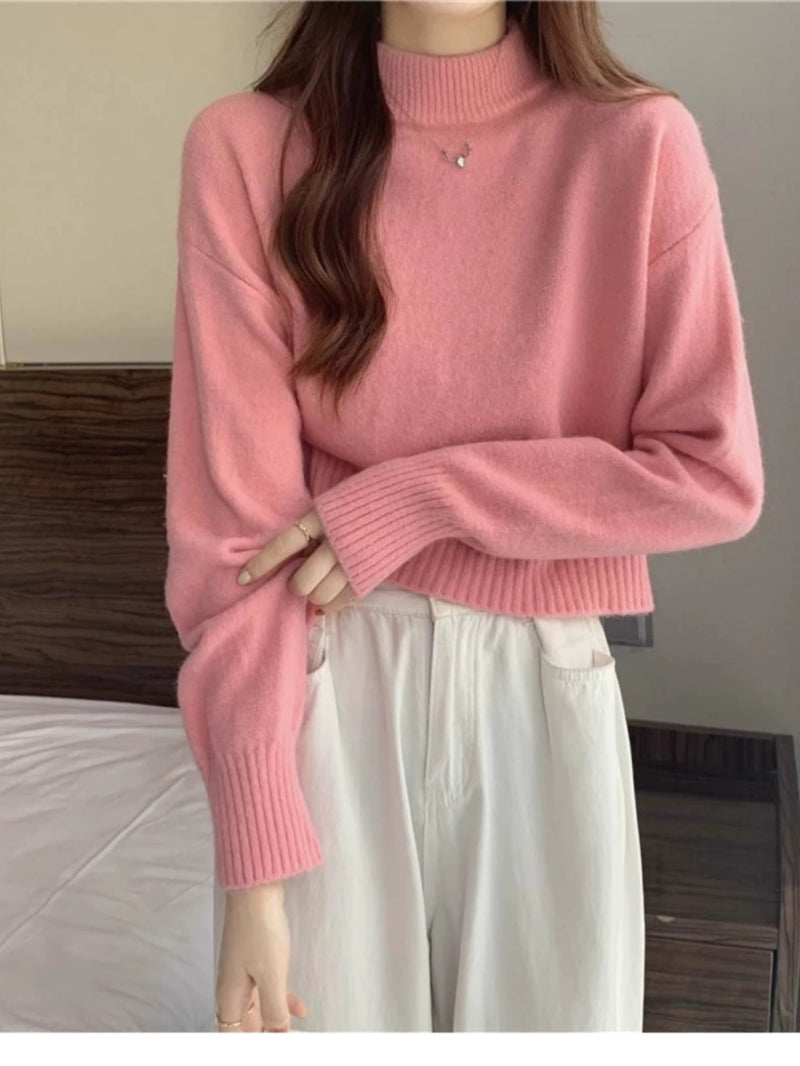 French-style short sweater for women, autumn and winter, petite, thick, soft and gentle style, high neck pullover knitwear