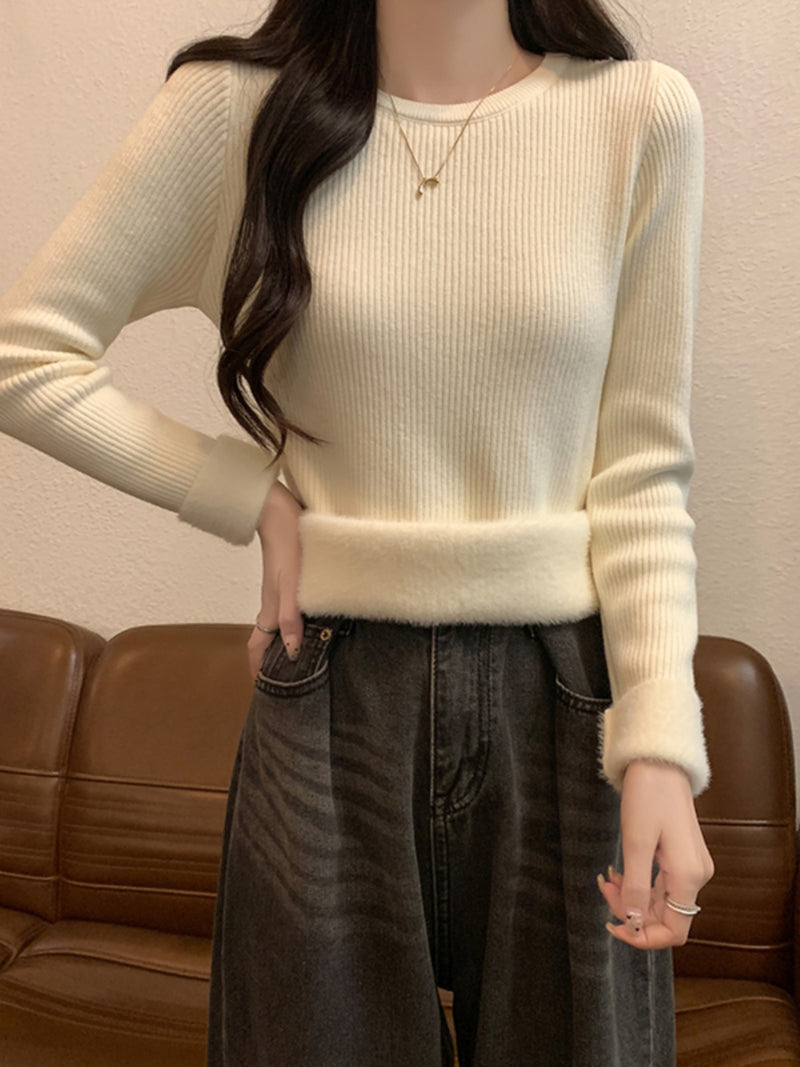 Autumn/Winter Half-High Neck Slim Fit Long Sleeve Base Knit Top Thick Fleece Warm White Sweater for Women