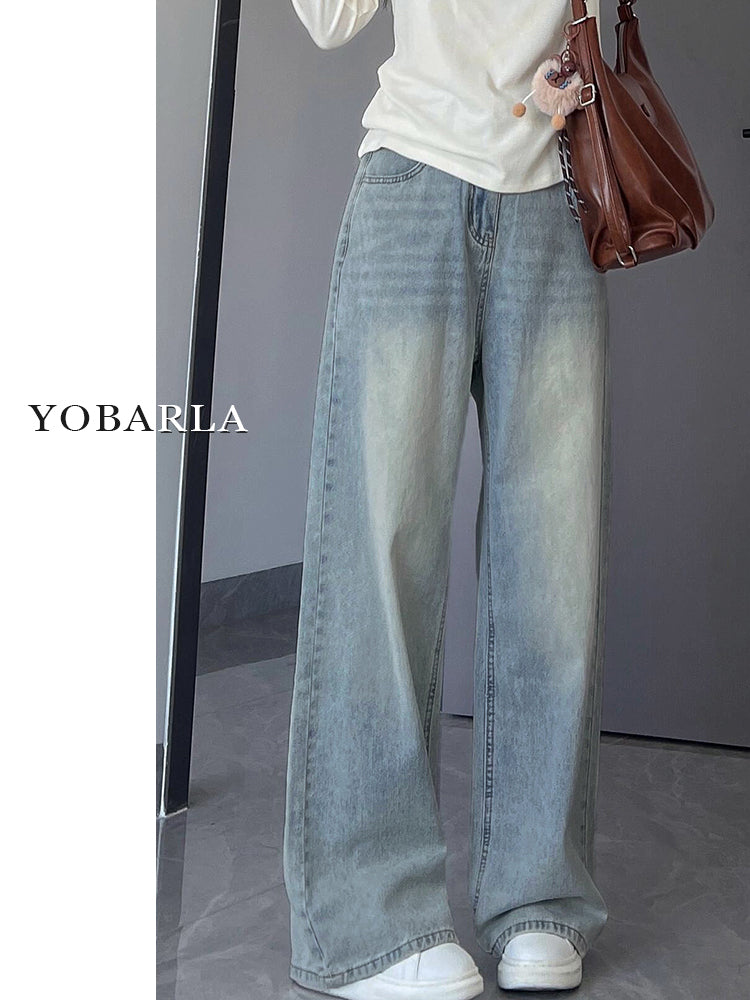 Light-colored straight-leg jeans for women, autumn and winter, fleece-lined and thickened, plus size, loose fit, slimming, pear-shaped figure wide-leg pants.