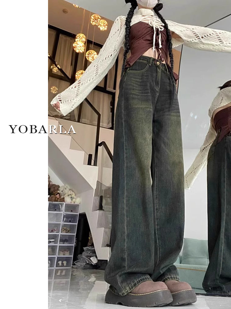 Women's wide-leg jeans for autumn and winter, fleece-lined, pear-shaped, plus-size, loose, slimming, straight-leg trousers.