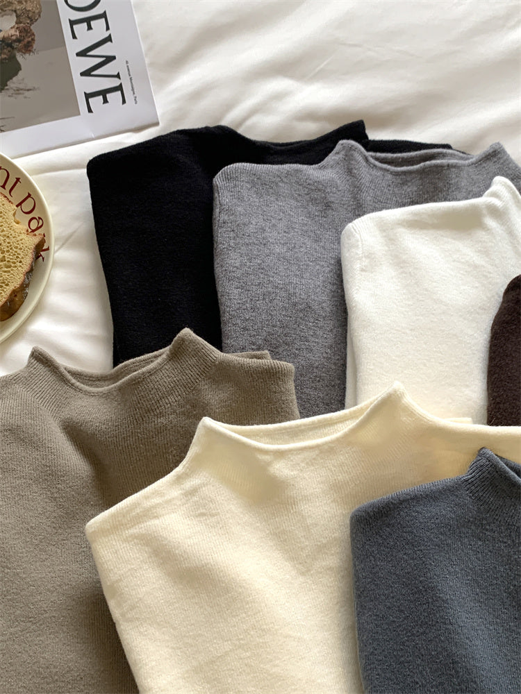 Soft and fluffy cashmere-feel high-neck knitted base layer sweater for women in spring, autumn and winter, with fleece lining, solid color, pullover sweater.