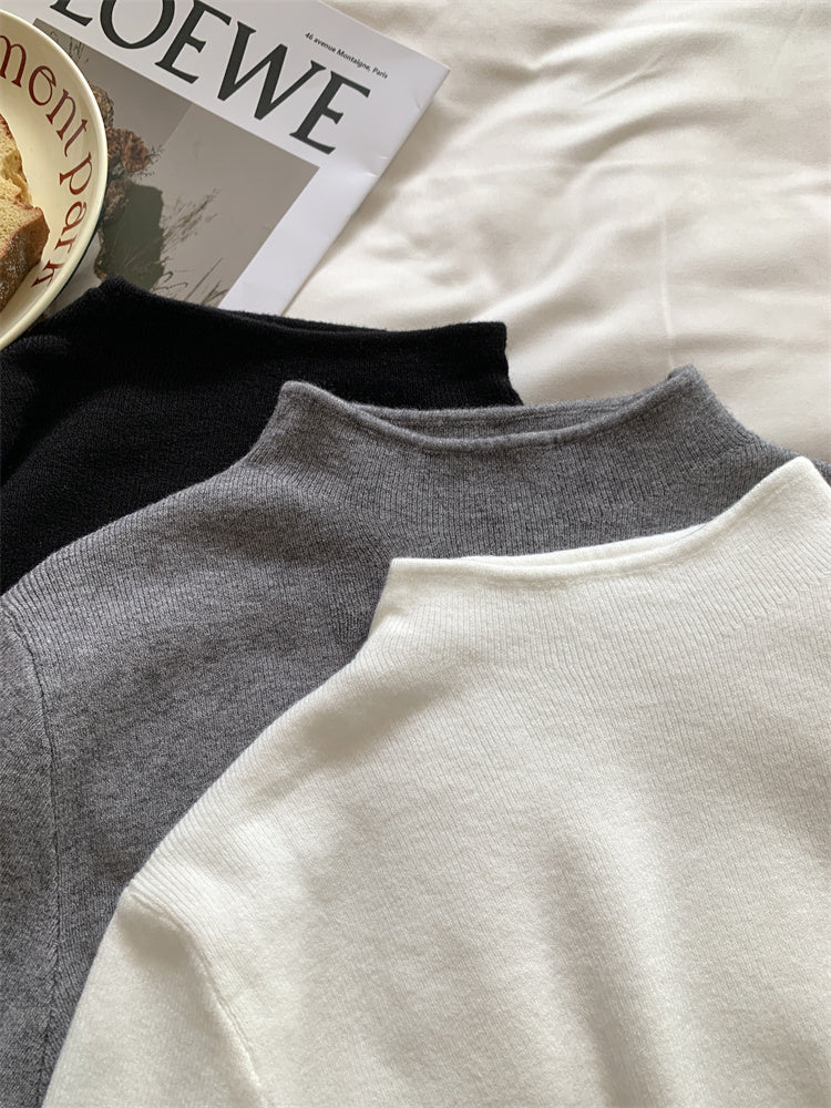 Soft and fluffy cashmere-feel high-neck knitted base layer sweater for women in spring, autumn and winter, with fleece lining, solid color, pullover sweater.