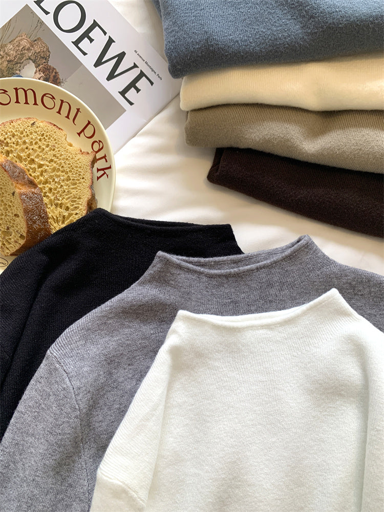 Soft and fluffy cashmere-feel high-neck knitted base layer sweater for women in spring, autumn and winter, with fleece lining, solid color, pullover sweater.