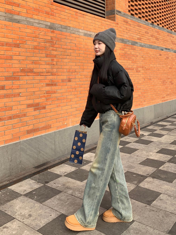 American-style high-street jeans for women, autumn and winter, thick and fleece-lined, new style, petite, loose, straight leg, narrow fit, wide leg pants.