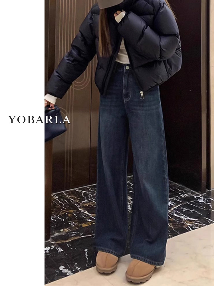 Women's straight-leg jeans, autumn and winter, fleece-lined, thickened, plus size, pear-shaped figure, loose fit, slimming wide-leg pants