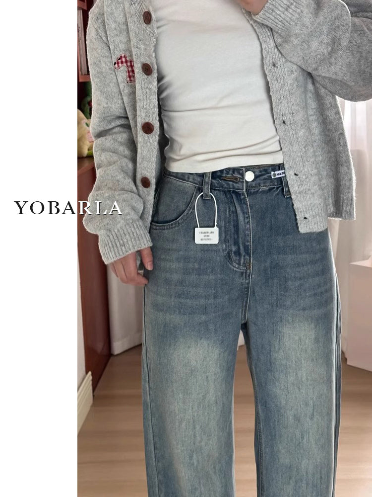 Retro blue straight-leg jeans for women, autumn and winter, fleece-lined and thickened, suitable for plus-size women, slimming for pear-shaped figures, loose wide-leg pants.