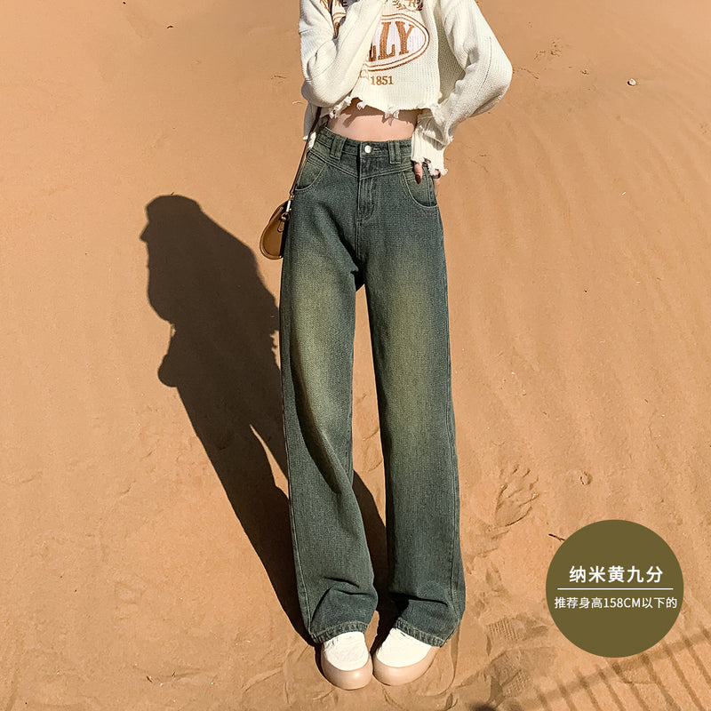 New style black and gray wide-leg jeans for women, American style, high-waisted, loose fit, slimming, straight leg, autumn and winter look.