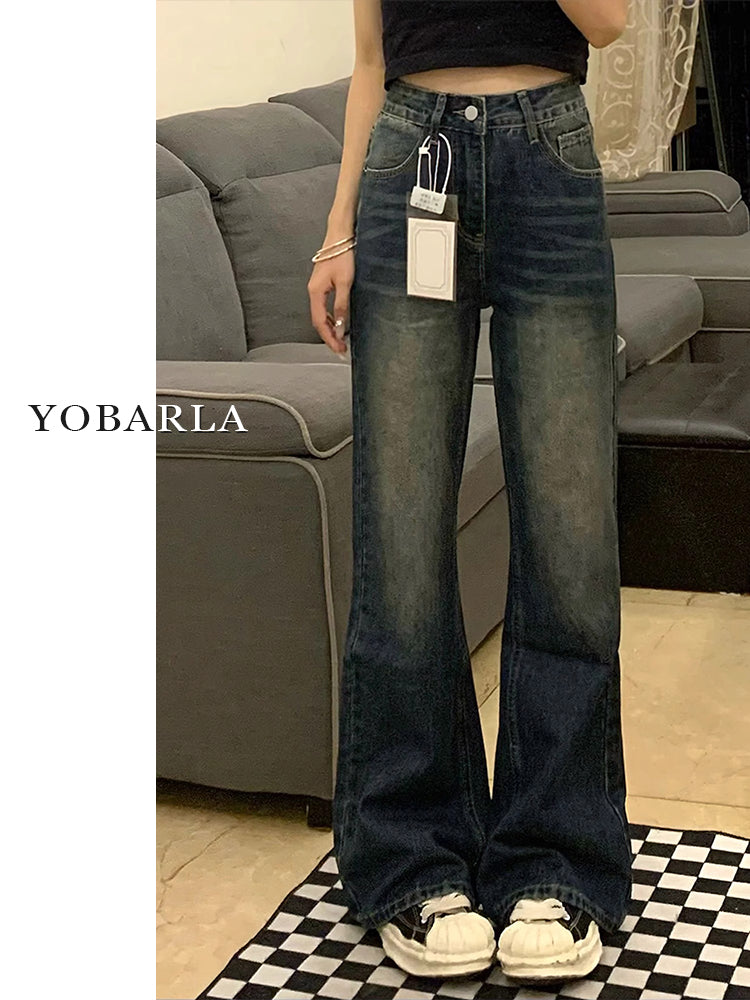 Retro blue flared jeans for women, autumn and winter, fleece-lined and thickened, plus size, loose fit, slimming, pear-shaped figure, long pants.