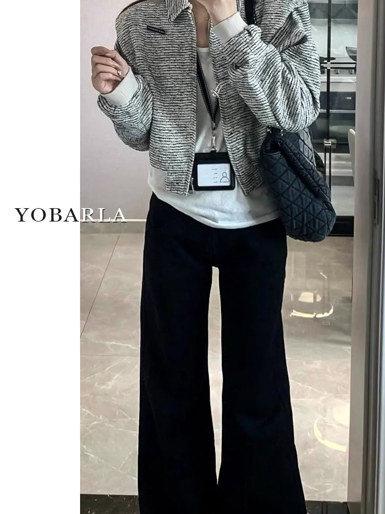 Women's black flared jeans, autumn/winter style, fleece-lined, plus size, stretchy, slimming, pear-shaped figure, wide-leg, platform pants.