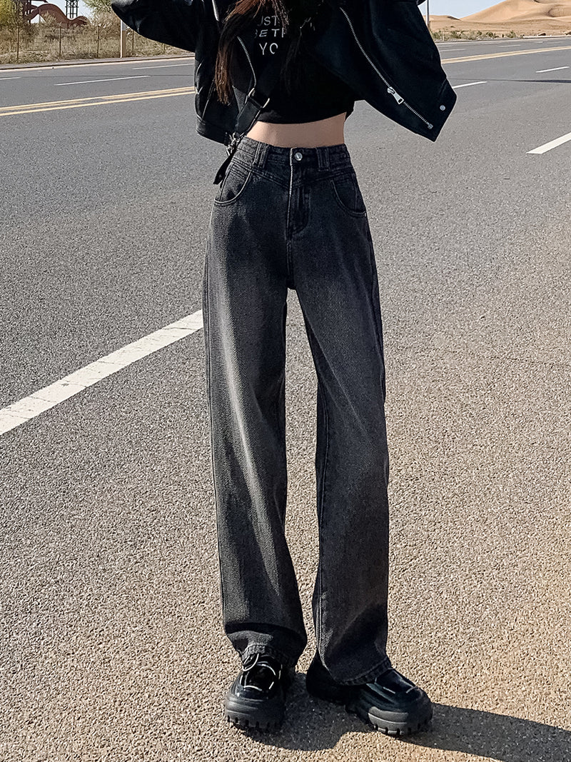New style black and gray wide-leg jeans for women, American style, high-waisted, loose fit, slimming, straight leg, autumn and winter look.